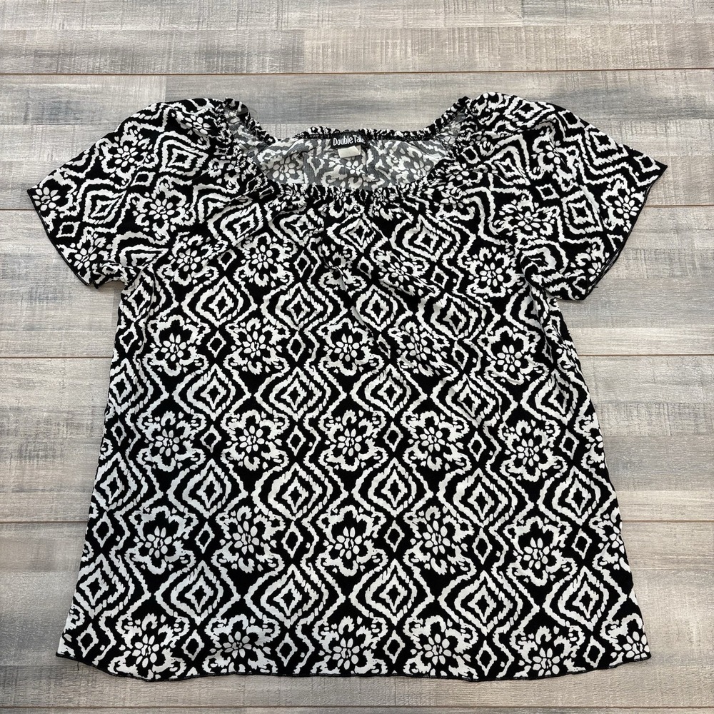 Vintage 90s Double Take Black White Floral Blouse Shirt Women's Size 3X Cottage